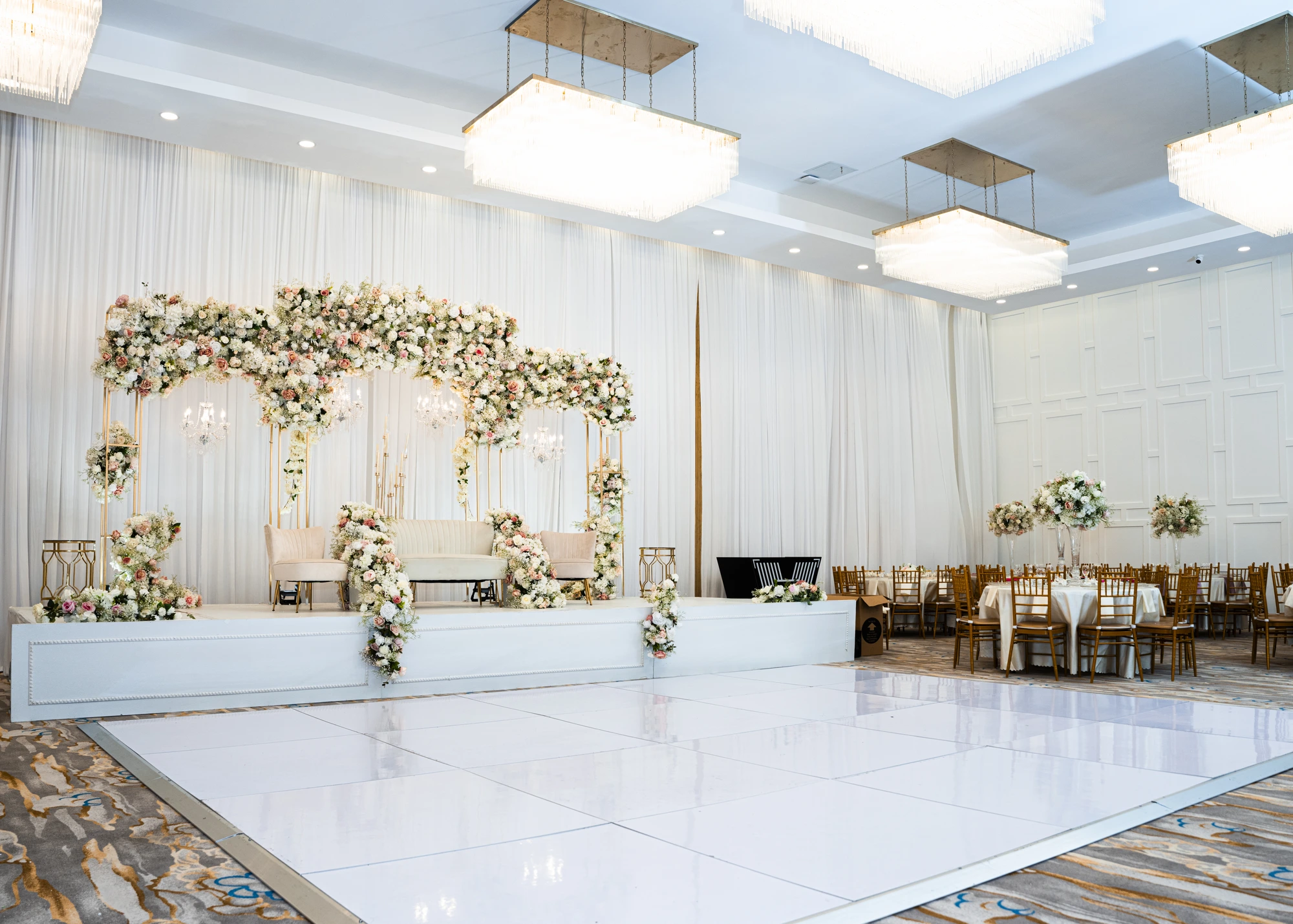 Vista grand ballroom set for a wedding reception