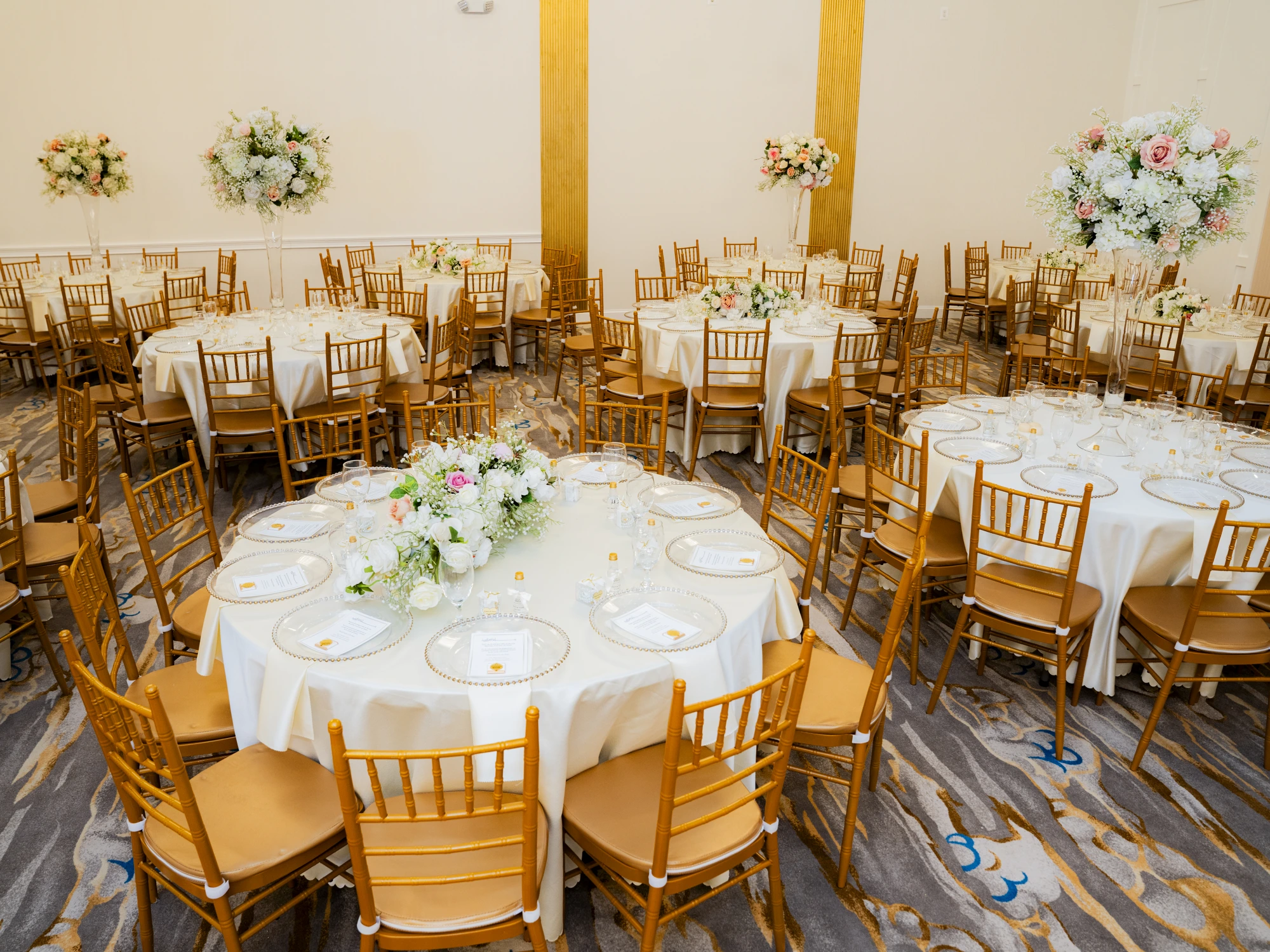 Ballroom set with tall centerpieces