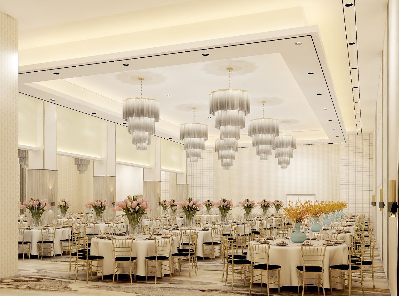 Ballroom under crystal chandeliers