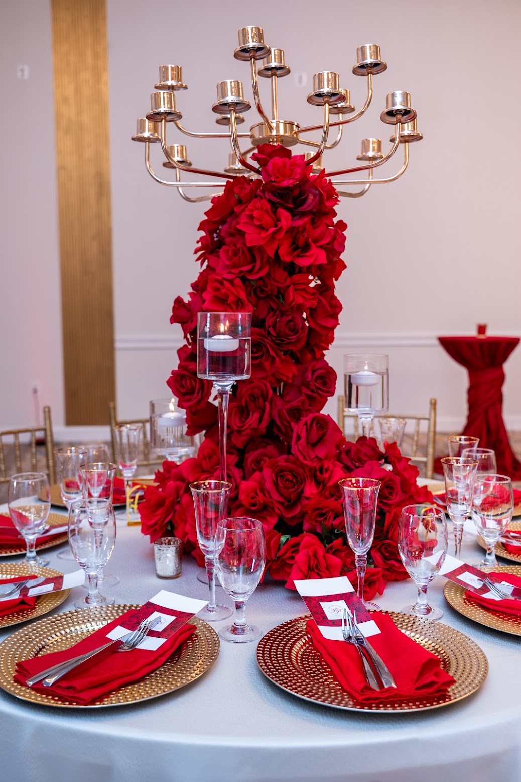 Vista Banquet Hall signature red rose décor and floral styling
